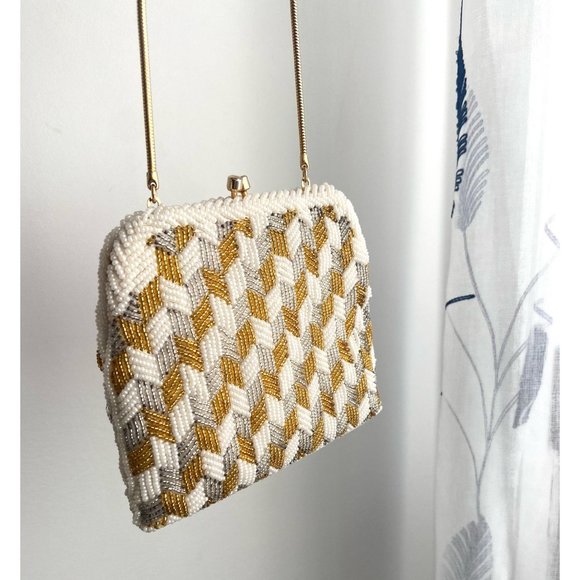 Vintage White, Gold and Silver Small Beaded Evening Bag - Picture 4 of 5